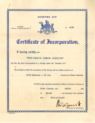 Certificate of Incorporation of the Pitt Meadows Farmers