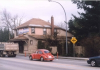 A colour image shot in the fall of 1997 and showing the front of the building as shot from the west side of Harris Road just to the south of the building. Shot on first visit to the site after the purchase in the fall of 1997.