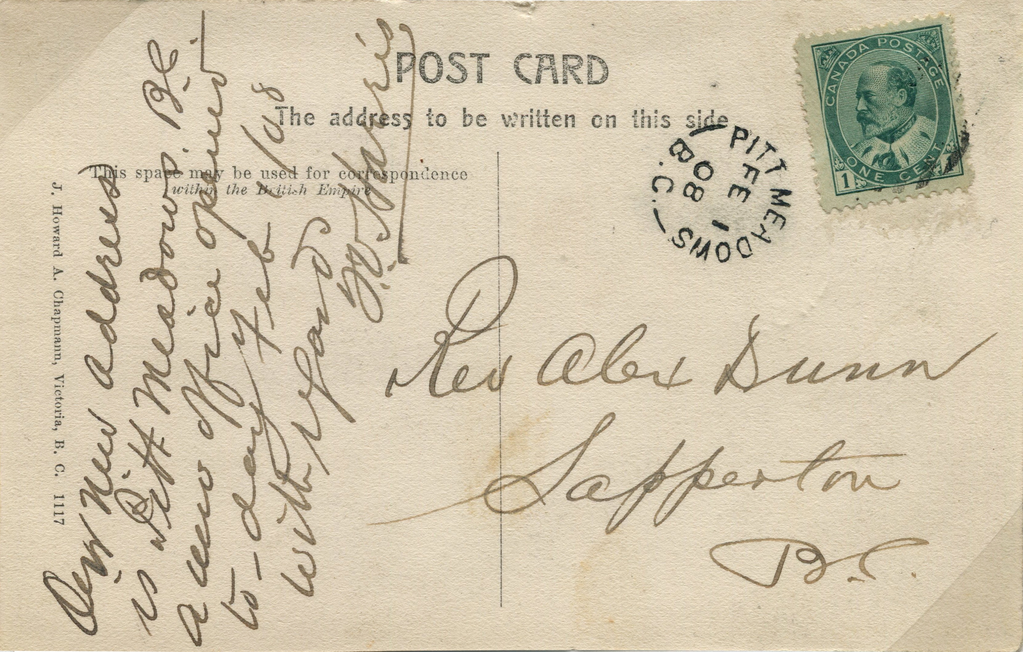 Pitt Meadows Post Card stamped 1908