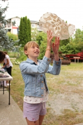 A child playing with the wash station.