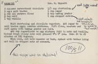Recipe from the Ladies Aid Cookbook for brownies 1955