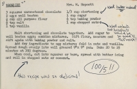Recipe from the Ladies Aid Cookbook for brownies 1955